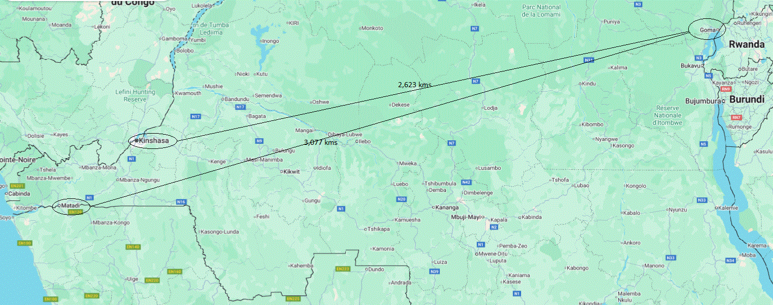 Distances between Goma, Matadi & Kinshasa